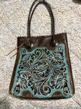 Patricia Nash Brown & Turquoise Hand-Tooled Leather Tote